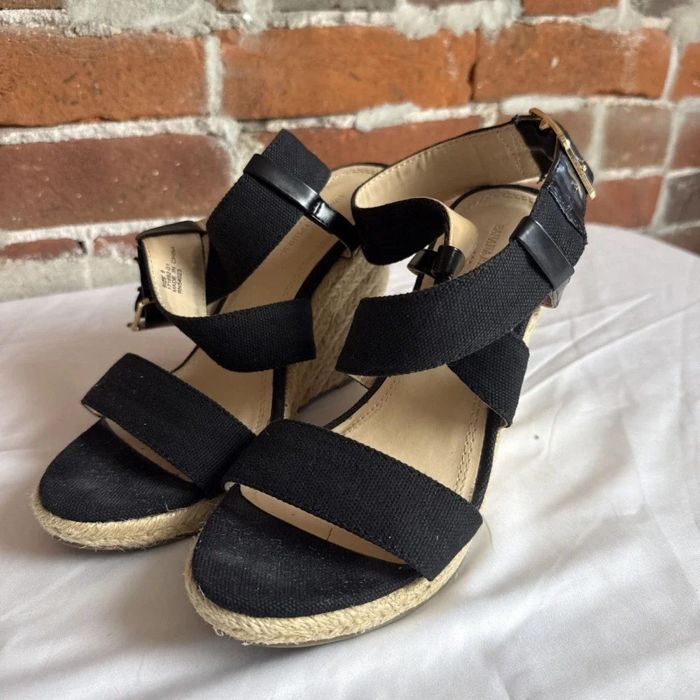 Banana Republic Black Canvas Espadrille Wedge Heel Sandal Leather Trim Size 8
